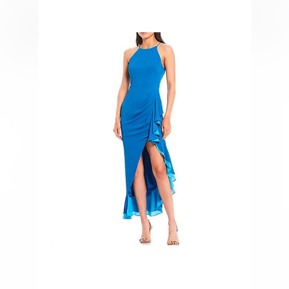 Badgley Mischka Electric Blue High-Low Ruffle Evening Dress